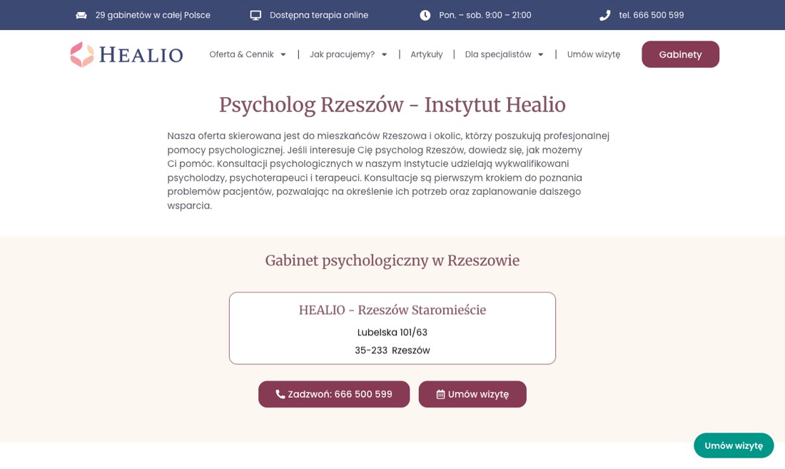 Pierwszy ekran strony rac-psychoterapia.pl: nagłówek z frazą lokalną, opis usług, przycisk rezerwacji i zdjęcia