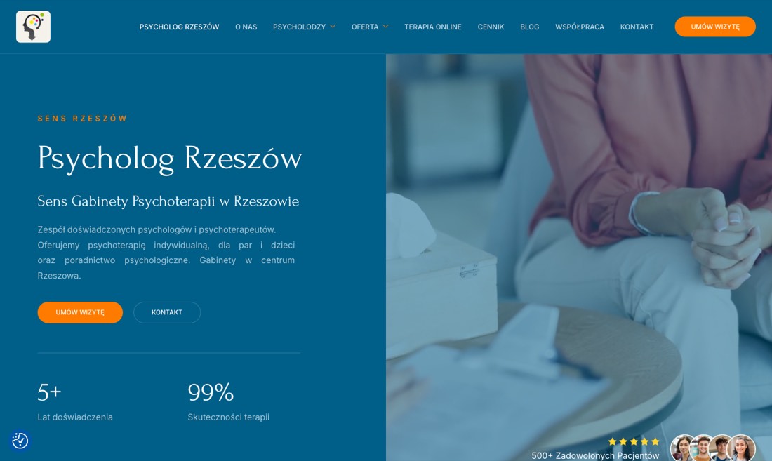 Pierwszy ekran strony sensrzeszow.pl: nagłówek Psycholog Rzeszów, opis oferty, przyciski umówienia wizyty, statystyki i zdjęcie z sesji terapeutycznej